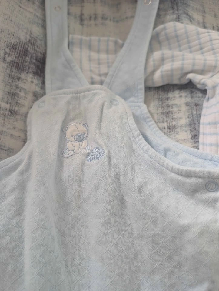 Light Blue Baby Overalls and Striped Shirt Set - photo 2