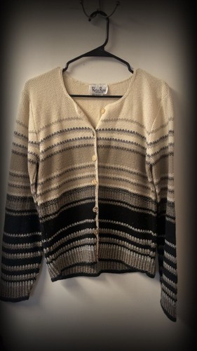 Vintage Reba Rose Striped Neutral Knit Button Down Cardigan