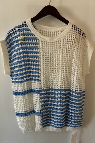 FISOEW Mixed Pattern Open Knit Crochet Striped Short Sleeve Swea