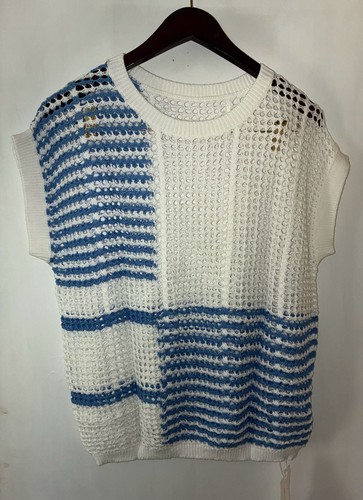 FISOEW Mixed Pattern Open Knit Crochet Striped Short Sleeve Swea - photo 2