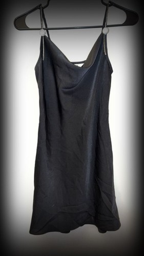 J.ING Black Satin Cowl Neck Mini Dress with Rhinestone Straps