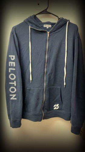 Peloton Navy Blue Full Zip Hoodie with Striped Sleeve Logo Size
