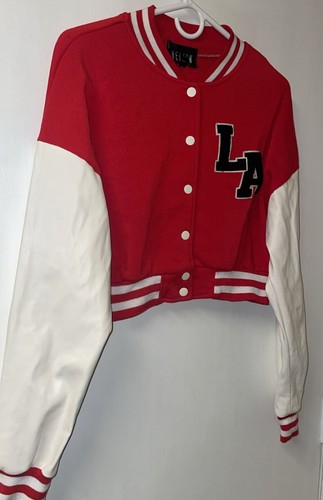 Red and White Striped Trim Crop Varsity Jacket