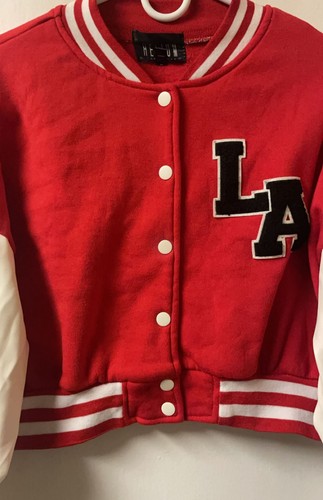 Red and White Striped Trim Crop Varsity Jacket - photo 2