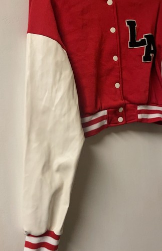 Red and White Striped Trim Crop Varsity Jacket - photo 3