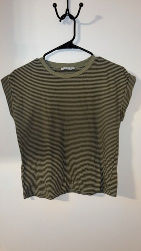 Zara Trafaluc Olive Green Striped Cuffed Sleeve T-Shirt Size S