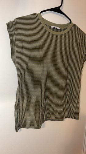 Zara Trafaluc Olive Green Striped Cuffed Sleeve T-Shirt Size S - photo 3