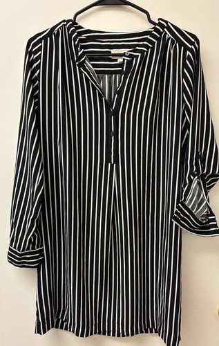 LOFT Outlet Black and White Striped Roll-Tab Sleeve Henley Blous