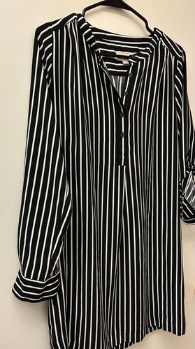 LOFT Outlet Black and White Striped Roll-Tab Sleeve Henley Blous - photo 2