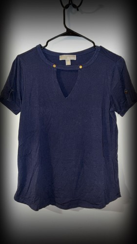 Michael Kors Navy Blue Keyhole Cutout Short Sleeve Top
