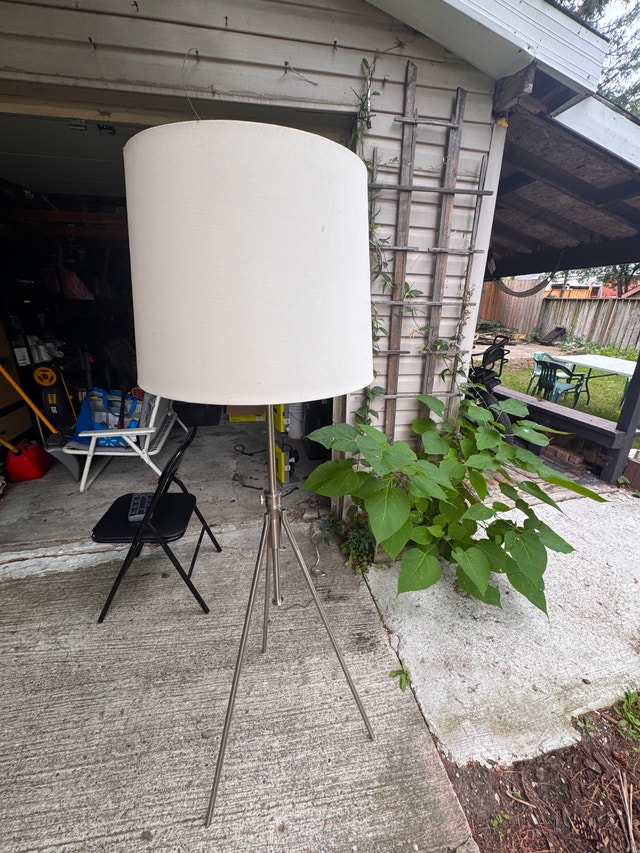 Modern Tripod Floor Lamp – Satin Nickel. White Fabric Shade - photo 5