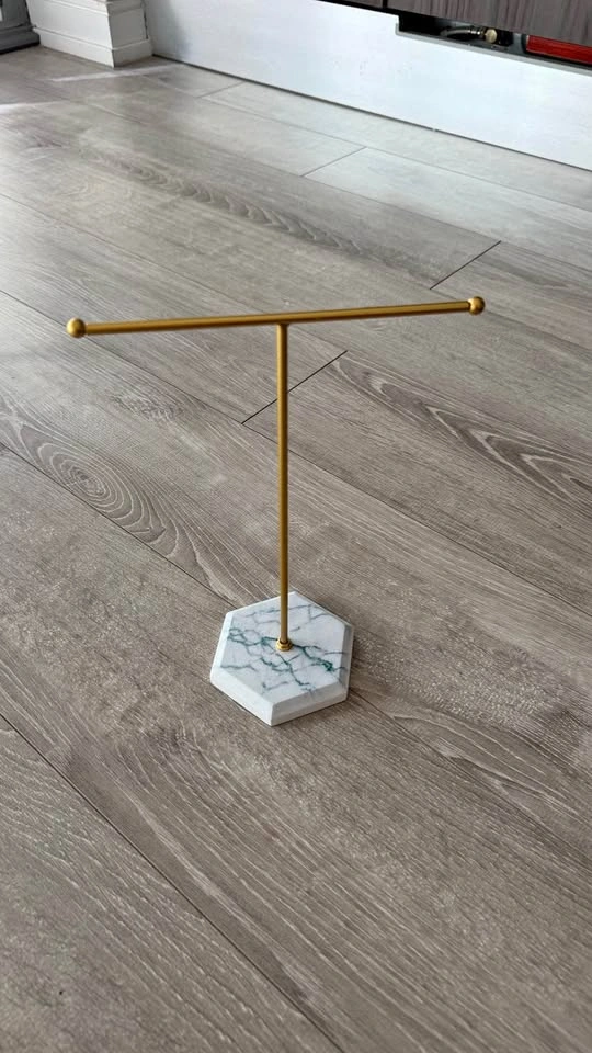 Gold T-Bar Jewelry Stand with Hexagonal Marble Base