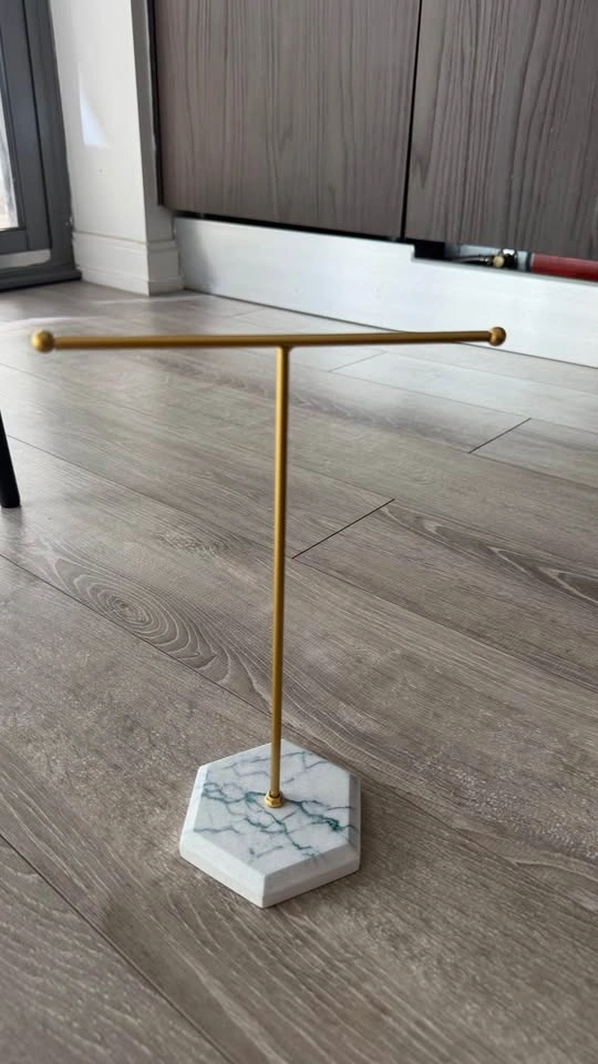 Gold T-Bar Jewelry Stand with Hexagonal Marble Base - photo 2
