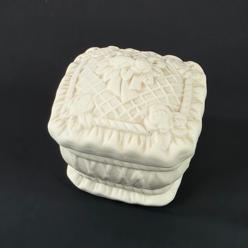 Vtg White Bisque Porcelain Trinket Box Matte Rose Floral Basketw