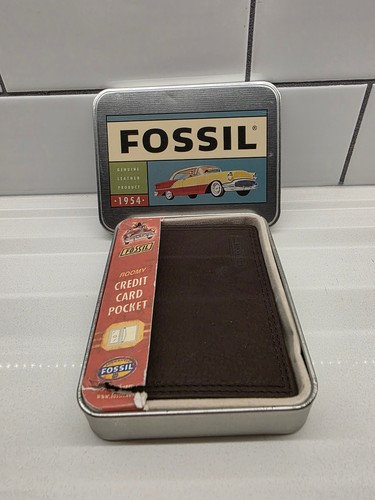 Fossil Brown Leather Wallet with Vintage Car Collectible Tin