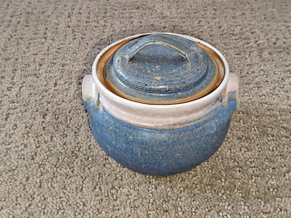 Handcrafted Blue & Beige Studio Pottery Pot with Lid - Signed