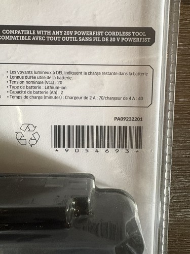 PowerFist 20V 2.0Ah Li-Ion Battery 9054693 NEW SEALED - photo 3