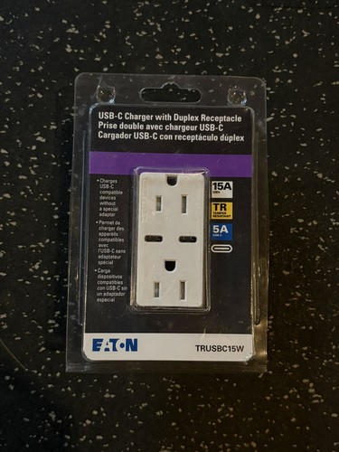 Eaton TRUSBC15W 15A Duplex Receptacle w/ Dual USB-C 5A White