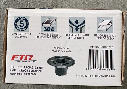 RELN FD0402LNSS 4” x 4” Square Stainless Steel Shower Drain Grat - photo 2