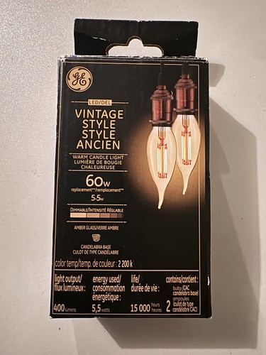 GE Vintage LED Candle Bulbs 60W Equivalent E12 Amber 2-Pack