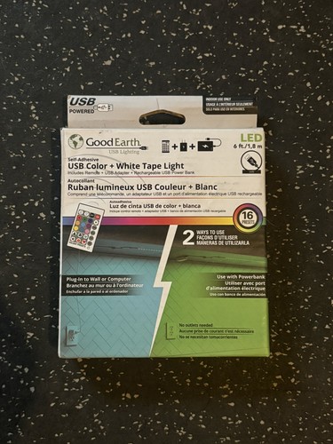 Good Earth USB Color + White LED Tape Light 6ft Remote Power Ban