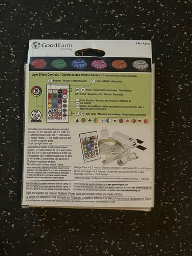 Good Earth USB Color + White LED Tape Light 6ft Remote Power Ban - photo 2