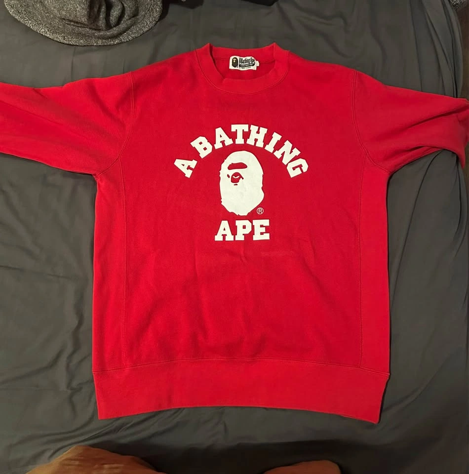 Authentic BAPE Classic College Logo Red Crewneck Sweatshirt