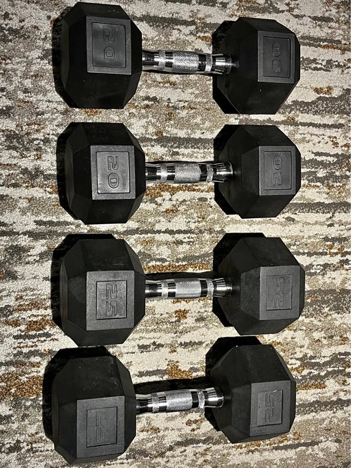 Rubber Hex Dumbbell Pairs - 20 lbs and 25 lbs