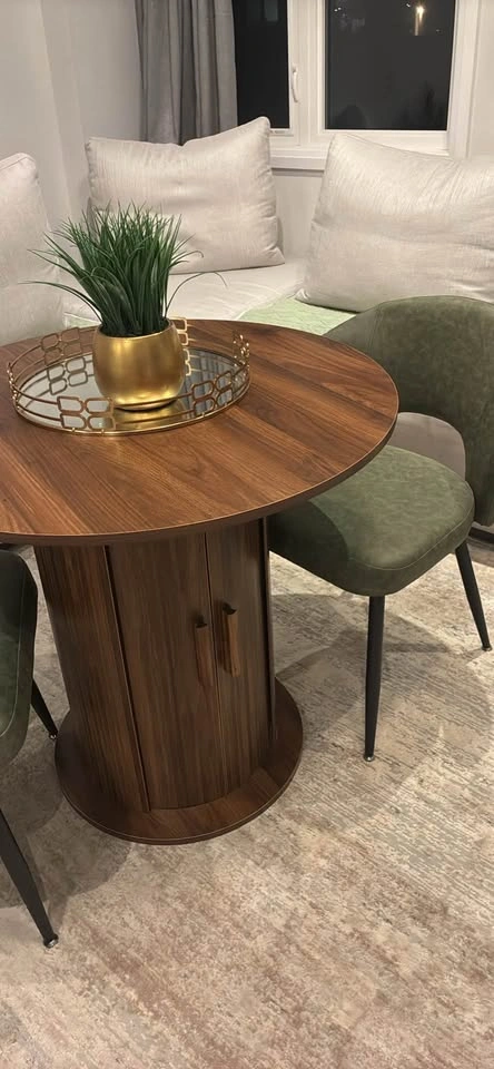 Round Wooden Dining Table with Storage Base and 2 Green Chairs - photo 2