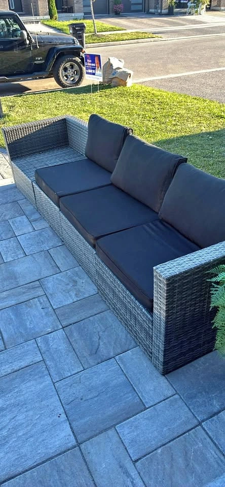 New Grey Wicker Outdoor Patio Sofa with Black Cushions