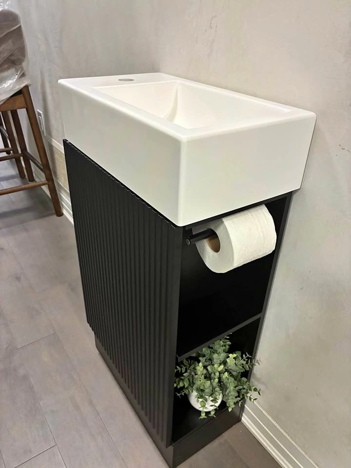 Modern Black Fluted Bathroom Vanity with Ceramic Sink