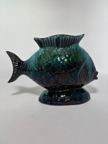 Vintage BC Canada Art Fish Vase/Planter Teal Drip Glaze