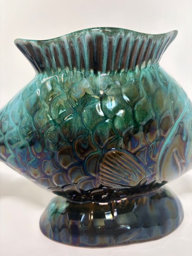 Vintage BC Canada Art Fish Vase/Planter Teal Drip Glaze - photo 4