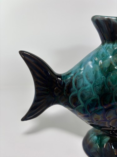 Vintage BC Canada Art Fish Vase/Planter Teal Drip Glaze - photo 5