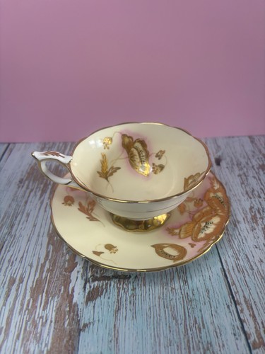 Royal Stafford Bone China Footed Teacup Saucer Gold Poppy