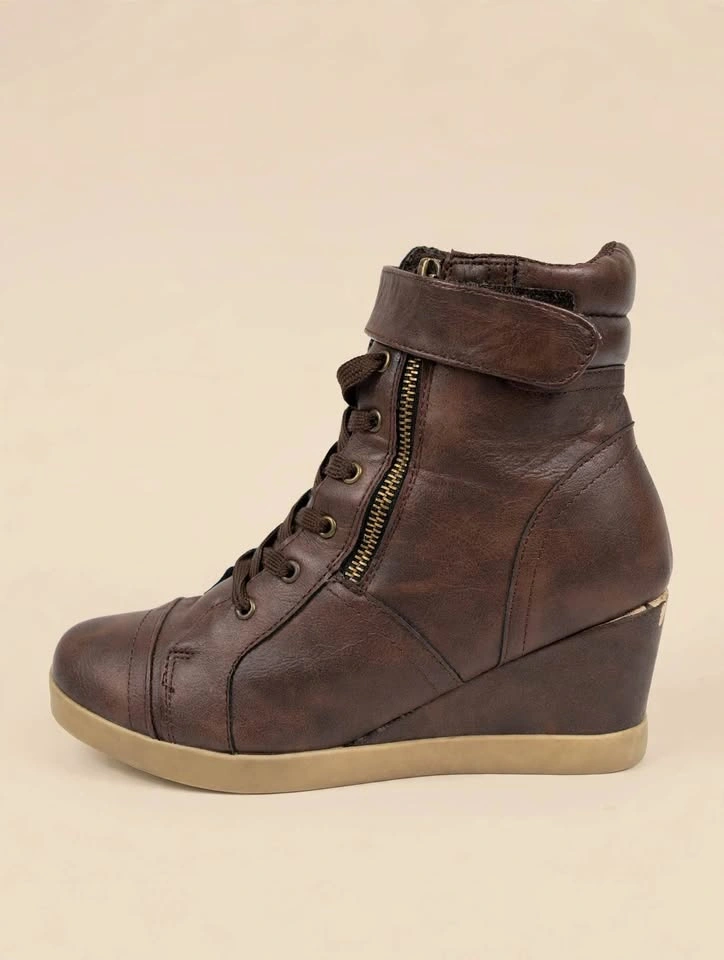 Brown Wedge Lace-Up Ankle Boots – Side Zip – Size 7