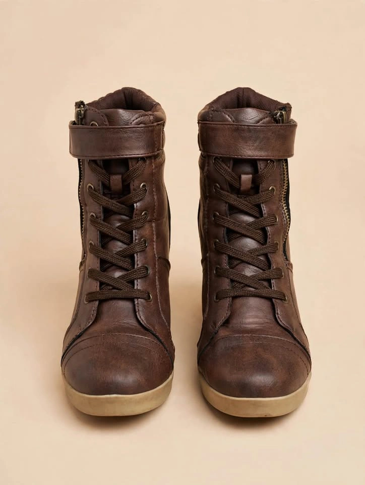 Brown Wedge Lace-Up Ankle Boots – Side Zip – Size 7 - photo 2