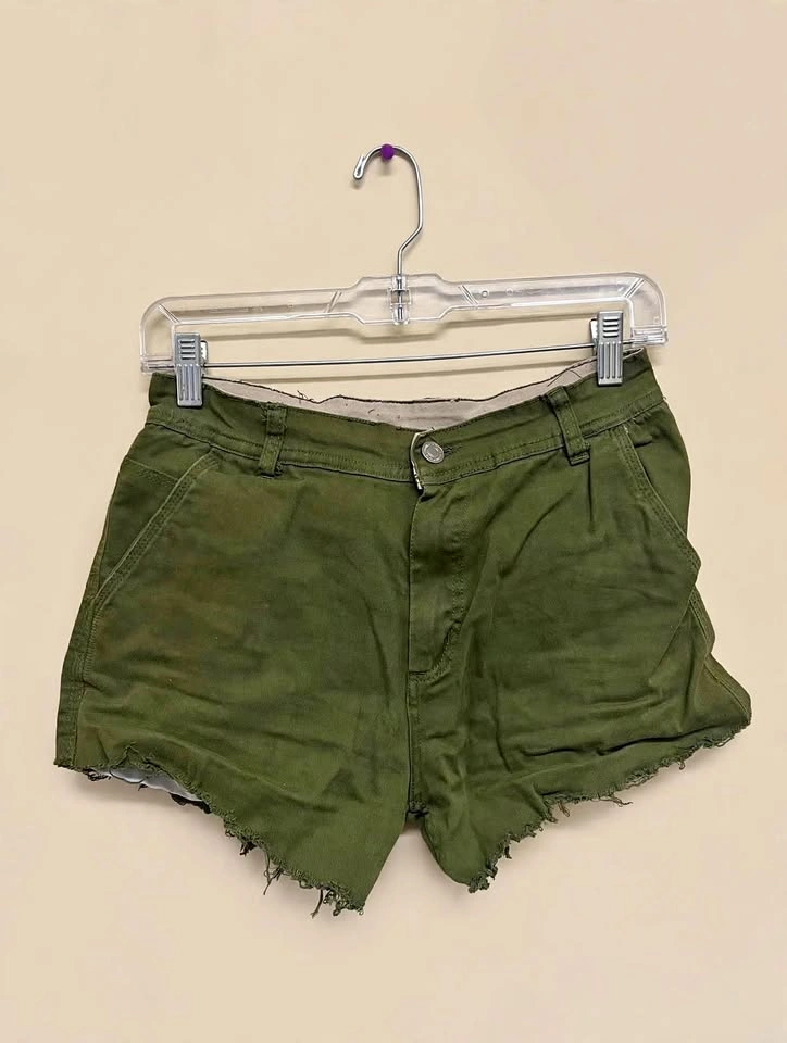 Olive Green Distressed Cargo Denim Shorts – Size S
