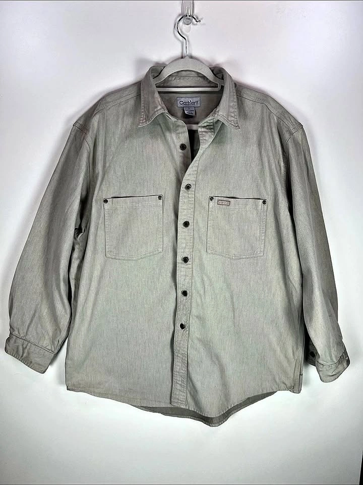 Vintage Carhartt Heavy Washed Denim Work Shirt Men's Large Sand