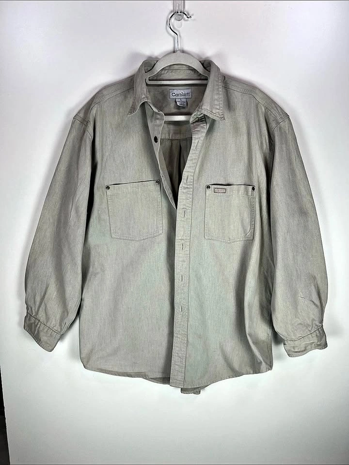 Vintage Carhartt Heavy Washed Denim Work Shirt Men's Large Sand - photo 2