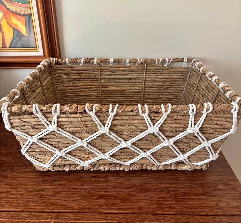Vintage Boho Seagrass and Macrame Rectangular Storage Basket 17x