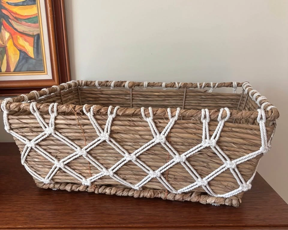 Vintage Boho Seagrass and Macrame Rectangular Storage Basket 17x - photo 2