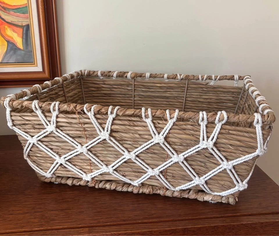 Vintage Boho Seagrass and Macrame Rectangular Storage Basket 17x - photo 3