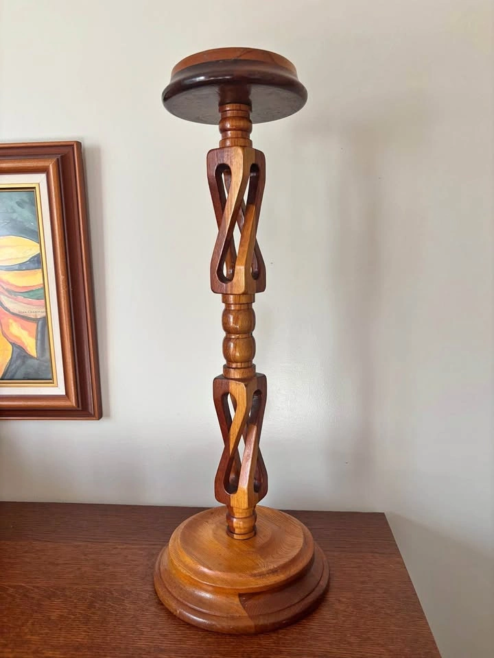 Hand Carved Interlocking Double Helix Wood Pillar Candle Holder