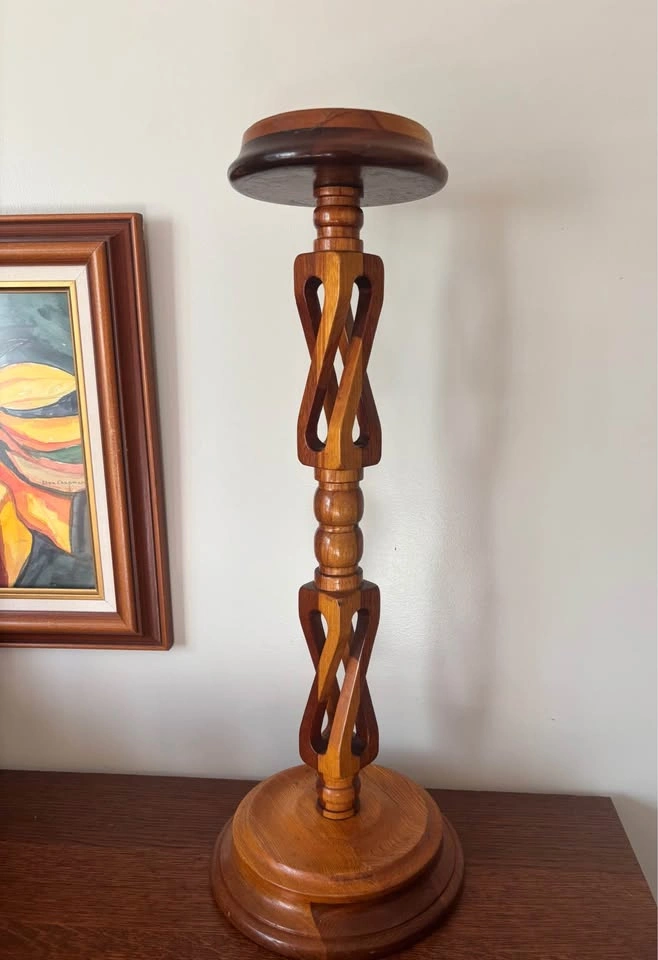 Hand Carved Interlocking Double Helix Wood Pillar Candle Holder - photo 2