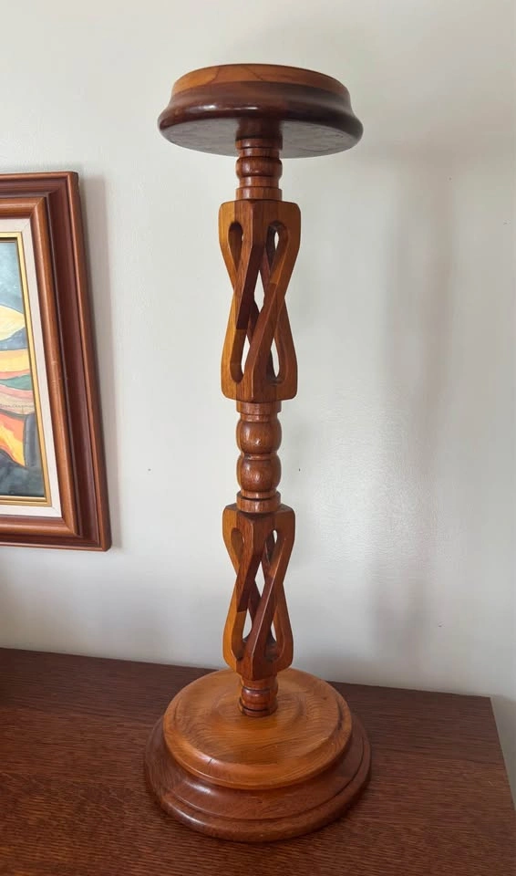 Hand Carved Interlocking Double Helix Wood Pillar Candle Holder - photo 3