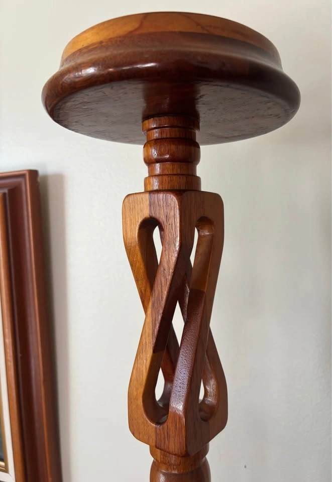 Hand Carved Interlocking Double Helix Wood Pillar Candle Holder - photo 5