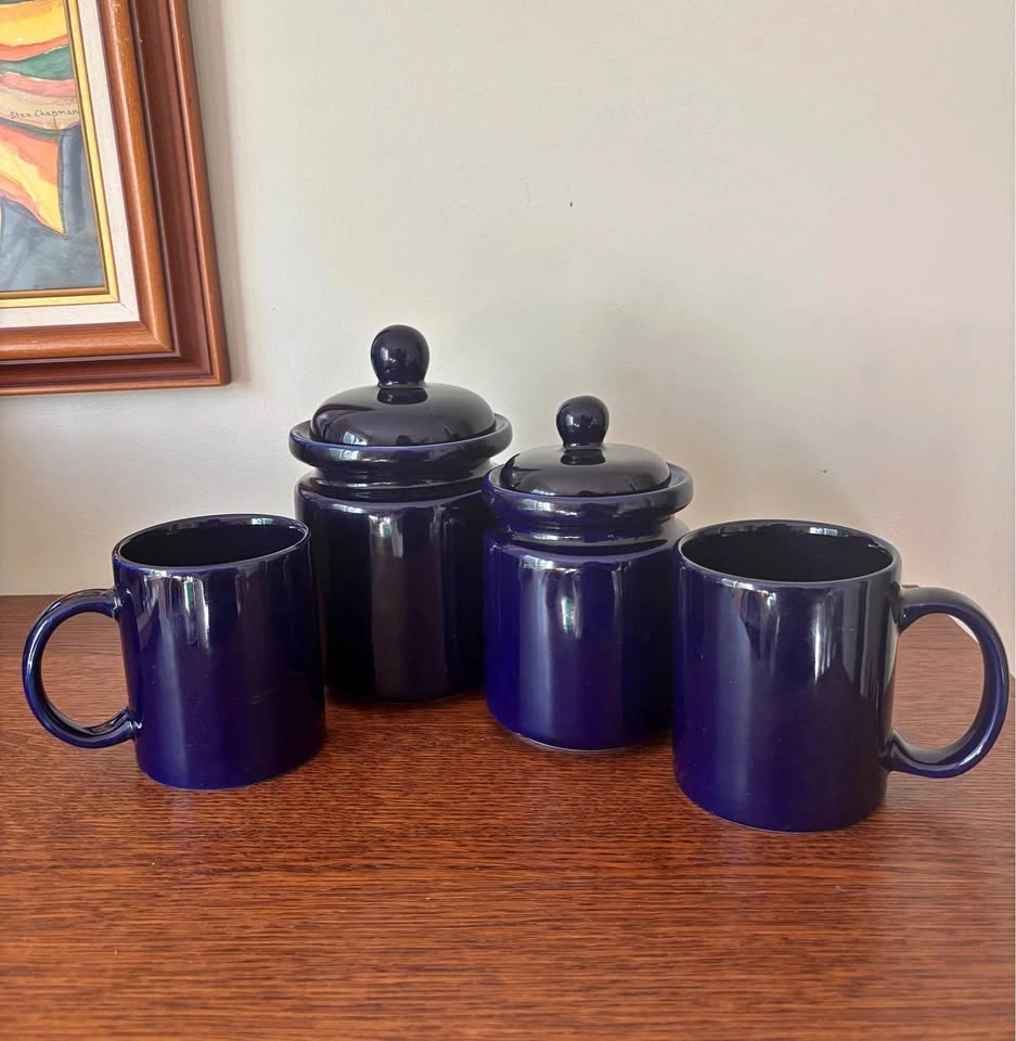 Sango Japan Cobalt Blue Ceramic Canisters and Mugs 4pc Set