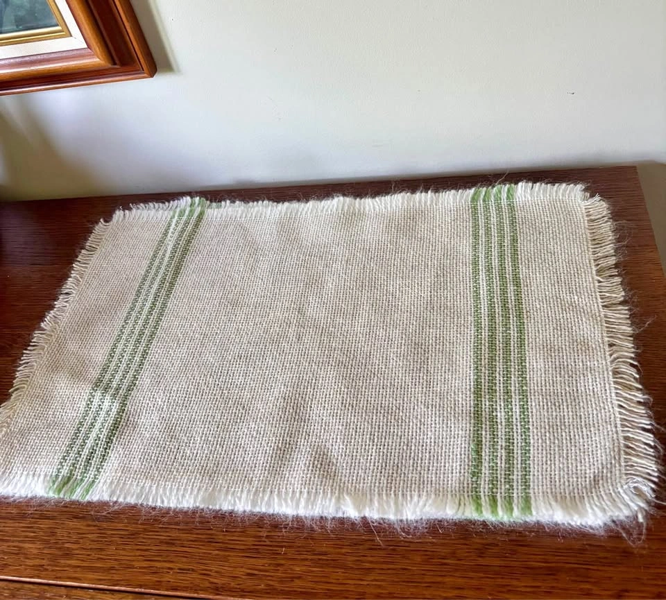 Vintage Hand Woven Wool Placemats Oatmeal and Green Fringe Set o