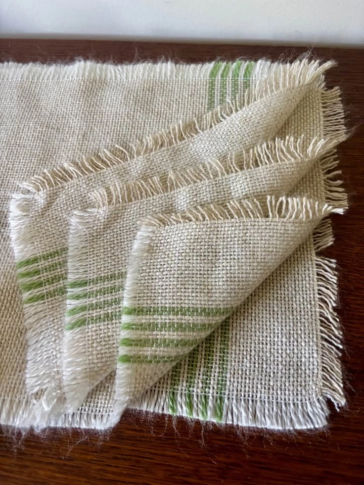 Vintage Hand Woven Wool Placemats Oatmeal and Green Fringe Set o - photo 3